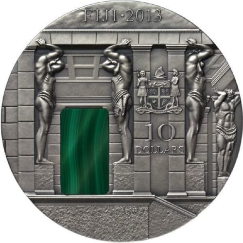 Шедевры из камня - Малахитовый зал в Эрмитаже - 2013 - Фиджи - серебряная монета с малахитом — изображение 2