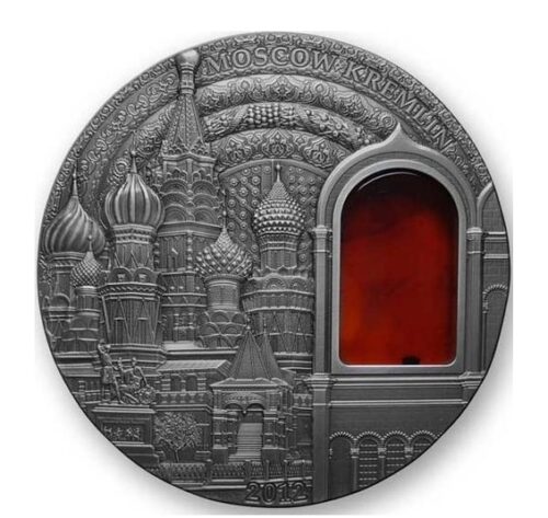 Московский Кремль (MINERAL ART) - Палау - серебряная монета с янтарем