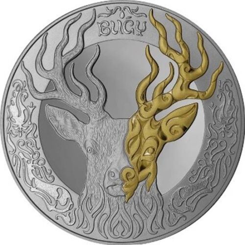Олень (Bugy), Казахстан, 200 тенге - мельхиор с позолотой (proof-like)