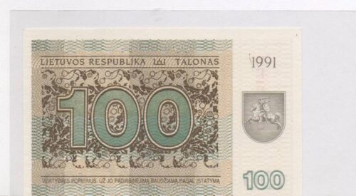 Банкнота 100 талонов 1991 года с надписью Vertybins popierius, Литва (UNC) — изображение 2