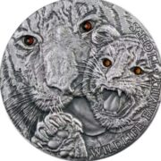 Семья диких животных: тигры (тигрица и тигренок) - Ниуэ - высокорельефная серебряная монета с кристаллами Сваровски